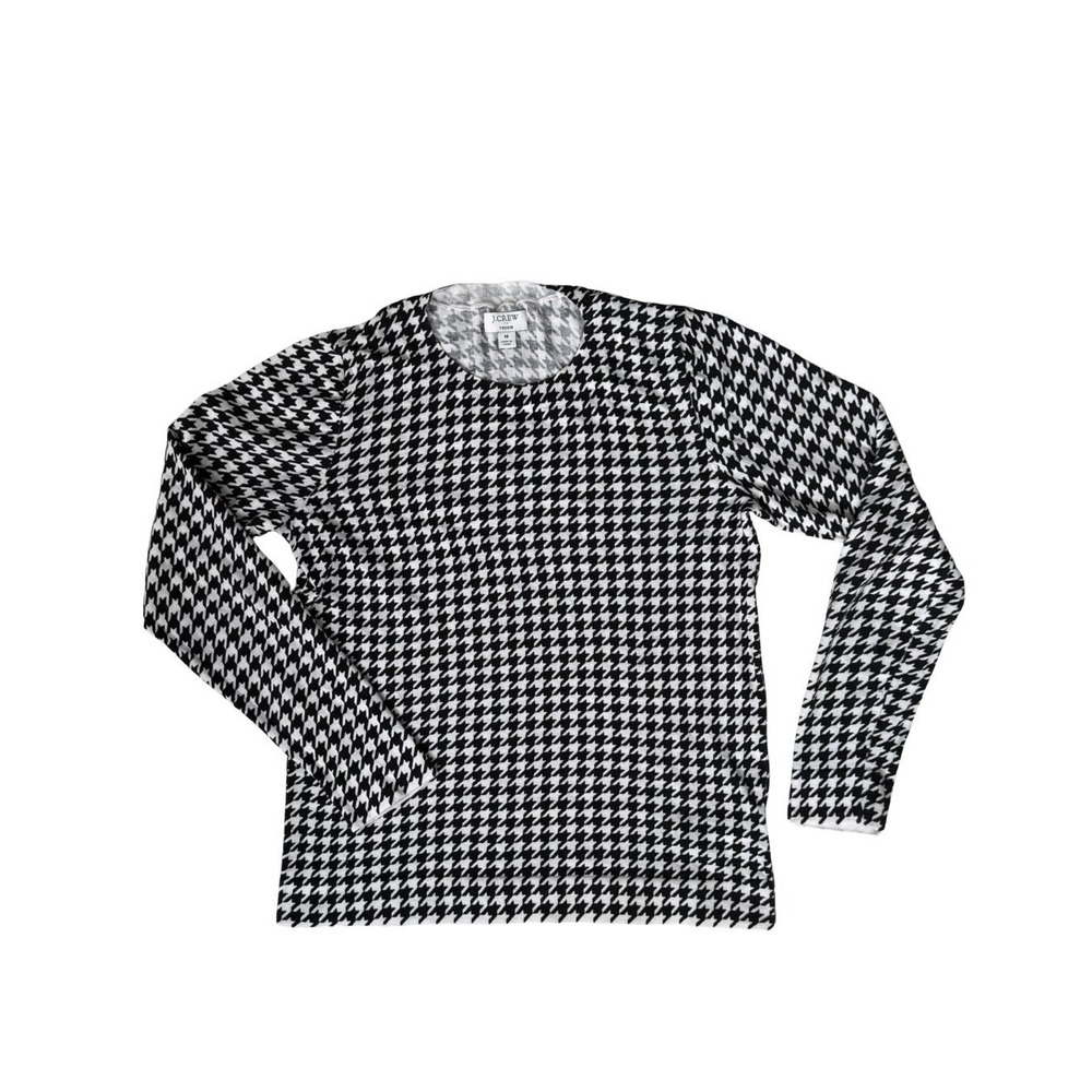 J.Crew Teddie Sweater Womens Medium Black White Houndstooth Cotton Crewneck Knit